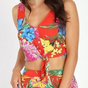 SHOW ME YOUR MUMU Red Floral Button Up Polyester Cropped Tanya Tie Top Sz S NWT
